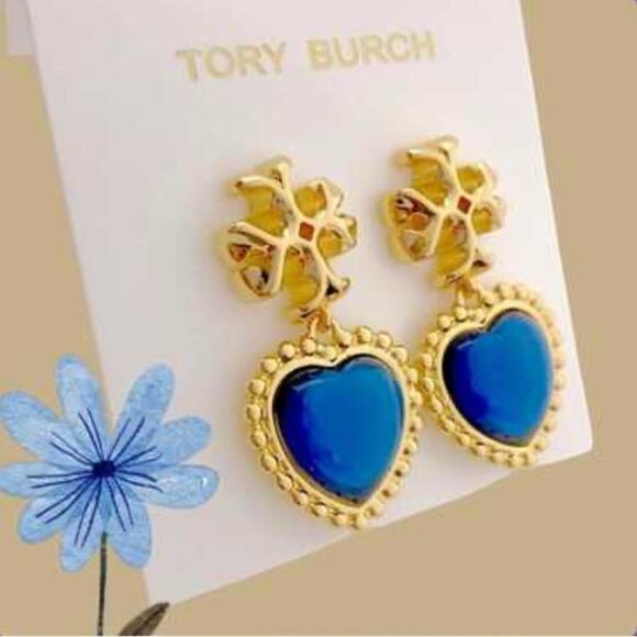 TORY BURCH ROXANNE BLUE /GOLD 18k GOLD PLATED EARRINGS NWT - Picture 3 of 7